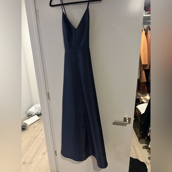 Navy blue satin wedding guest dress or prom dress.
Bust: 33
Waist: 27
Hips: 31 - Picture 2 of 3